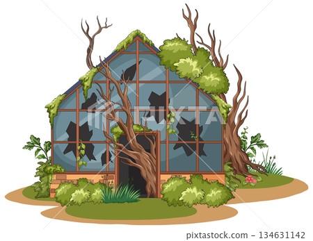 Abandoned Glass Greenhouse Overgrown With Trees And Vines 134631142
