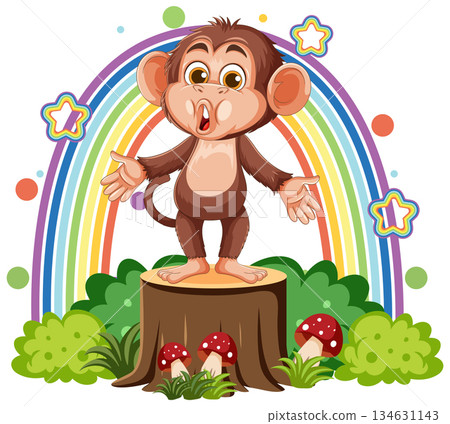 Cartoon Monkey Singing on Tree Stump with Rainbow Cartoon Monkey Singing on Tree Stump with Rainbow 134631143