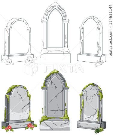 Gothic Tombstone Vector Set with Moss and Flowers Gothic Tombstone Vector Set with Moss and Flowers 134631144