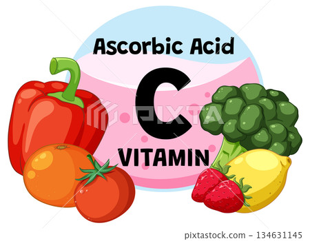 Vitamin C Rich Foods Vector Illustration with Fruits and Vegetables Vitamin C Rich Foods Vector Illustration with Fruits and Vegetables 134631145