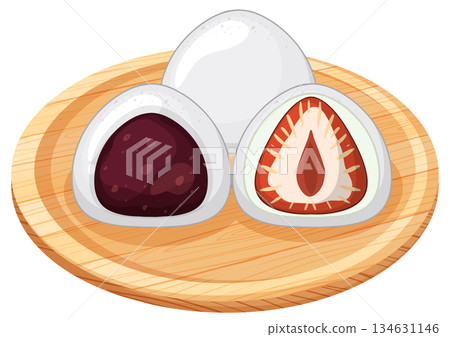 Japanese Mochi with Red Bean and Strawberry Filling on Plate 134631146