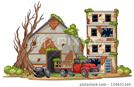 Abandoned Urban Buildings With Rusty Truck and Dead Tree 134631160