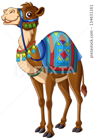 Smiling Camel with Colorful Saddle Blanket Illustration Smiling Camel with Colorful Saddle Blanket Illustration 134631161