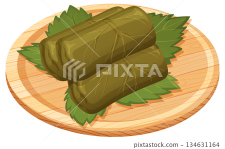 Stuffed Grape Leaves on Wooden Plate Vector Illustration 134631164