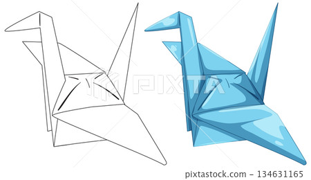 Origami Paper Crane Illustration with Outline and Colored Version Origami Paper Crane Illustration with Outline and Colored Version 134631165