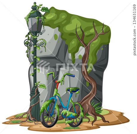 Abandoned Bicycle Beside Overgrown Lamp Post and Stone Wall Abandoned Bicycle Beside Overgrown Lamp Post and Stone Wall 134631169