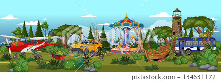 Overgrown Amusement Park With Abandoned Vehicles and Carousel 134631172