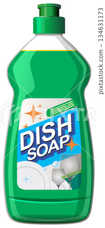 Green Dish Soap Bottle with Clean Glassware Illustration Green Dish Soap Bottle with Clean Glassware Illustration 134631173