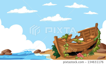 Old Wooden Shipwreck on Sunny Tropical Beach 134631176