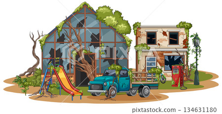 Abandoned Urban Playground with Overgrown Greenhouse and Truck Abandoned Urban Playground with Overgrown Greenhouse and Truck 134631180