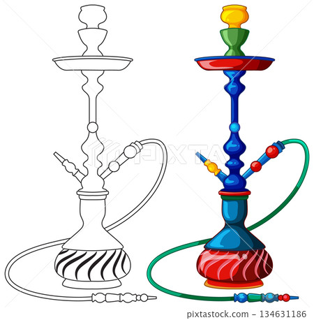 Colorful Hookah Illustration with Outline and Filled Versions Colorful Hookah Illustration with Outline and Filled Versions 134631186