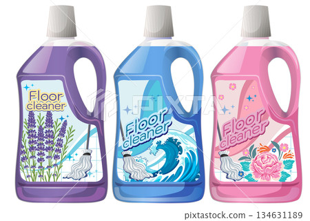 Three Scented Floor Cleaner Bottles with Distinct Floral Designs 134631189