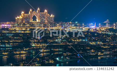 Aerial view of Palm Jumeirah Island night timelapse. Aerial view of Palm Jumeirah Island night timelapse. 134631242