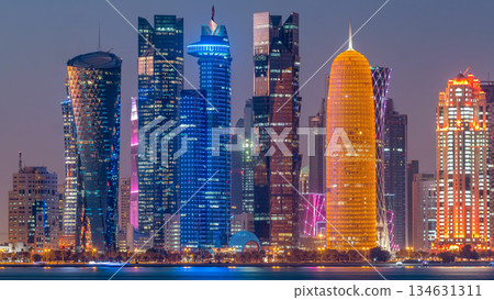 Doha downtown skyline day to night timelapse, Qatar, Middle East 134631311
