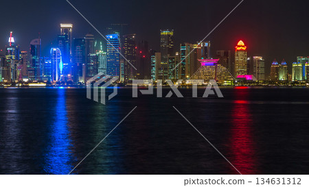 Doha skyscrapers in downtown skyline night timelapse, Qatar, Middle East 134631312