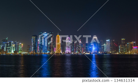 Doha skyscrapers in downtown skyline night timelapse, Qatar, Middle East 134631314