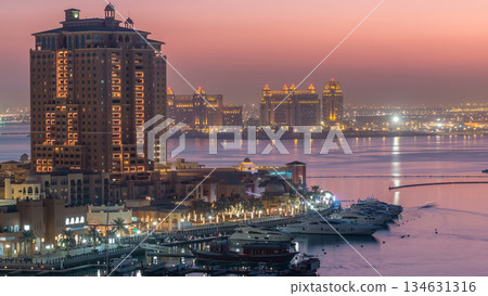 Evening at the Pearl-Qatar day to night timelapse from top. 134631316