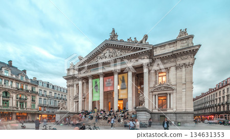 Hyperlapse of the Brussels Stock Exchange facade near Grand Place. Belgium 134631353