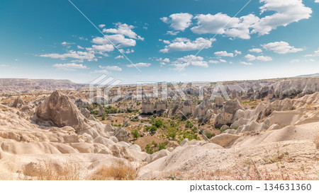 Red Valley and Rose Valley of Goreme of Nevsehir in Cappadocia aerial timelapse, Turkey. 134631360