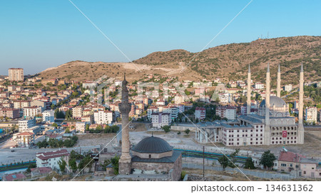 Aerial view to mosques from old castle in historical city town of Nevsehir timelapse 134631362