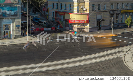 Road marking on the road repair site after asphalting timelapse. Road construction equipment. 134631398
