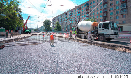 Road construction site with tram tracks repair and maintenance timelapse. Road construction site with tram tracks repair and maintenance timelapse. 134631405