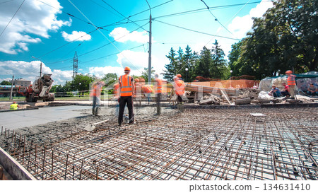 Road construction site with tram tracks repair and maintenance timelapse hyperlapse. Road construction site with tram tracks repair and maintenance timelapse hyperlapse. 134631410