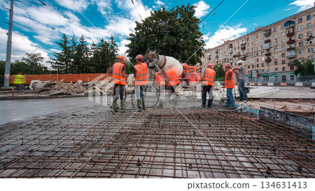 Road construction site with tram tracks repair and maintenance timelapse hyperlapse. 134631413