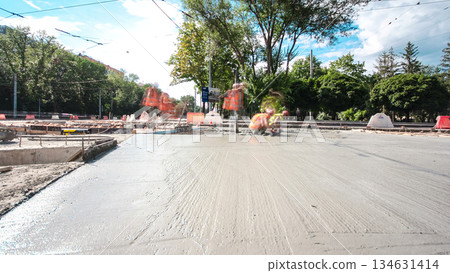 Road construction site with tram tracks repair and maintenance timelapse hyperlapse. 134631414