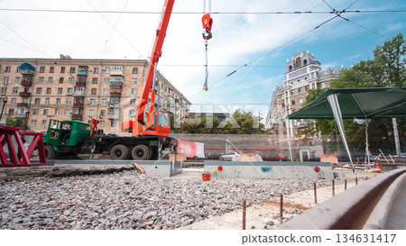 Road construction site with tram tracks repair and maintenance timelapse hyperlapse. 134631417