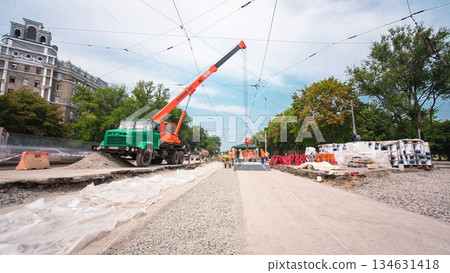 Road construction site with tram tracks repair and maintenance timelapse hyperlapse. Road construction site with tram tracks repair and maintenance timelapse hyperlapse. 134631418