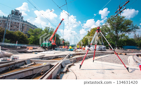 Road construction site with tram tracks repair and maintenance timelapse hyperlapse. Road construction site with tram tracks repair and maintenance timelapse hyperlapse. 134631420