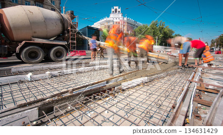 Road construction site with tram tracks repair and maintenance timelapse hyperlapse. Road construction site with tram tracks repair and maintenance timelapse hyperlapse. 134631429