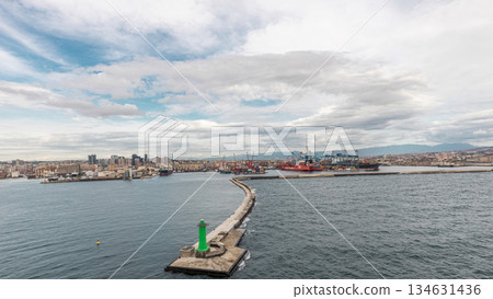 Aerial view of sea with waves and port from ship sailing in the open sea timelapse Aerial view of sea with waves and port from ship sailing in the open sea timelapse 134631436