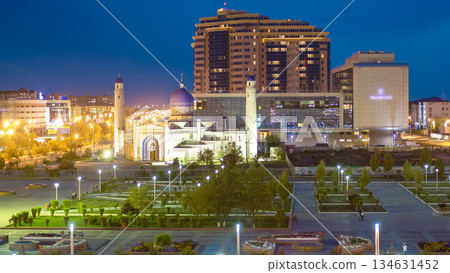 Mosque in center and park in city Atyrau day to night timelapse hyperlapse. 134631452