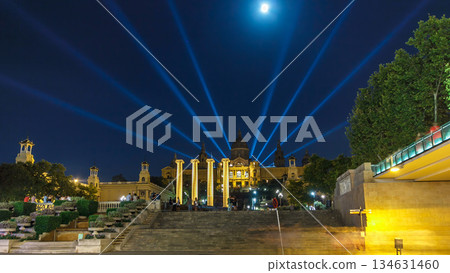 Famous light show and magic fountains timelapse hyperlapse in front of the National Art Museum at Placa Espanya in Barcelona at night, Catalonia, Spain 134631460