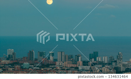 View of Barcelona skyline timelapse, the Mediterranean sea and buildings from Bunkers Carmel. Catalonia, Spain. 134631464