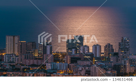 View of Barcelona skyline timelapse, the Mediterranean sea and buildings from Bunkers Carmel. Catalonia, Spain. View of Barcelona skyline timelapse, the Mediterranean sea and buildings from Bunkers Carmel. Catalonia, Spain. 134631466
