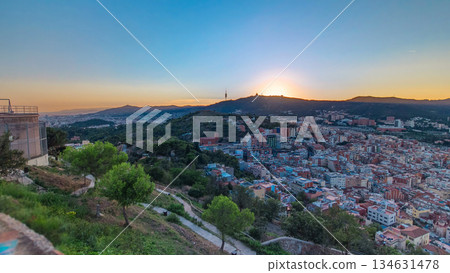 beautiful sunset timelapse on tibidabo in Barcelona, Spain 134631478