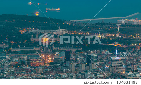 Top view from tibidabo of National Art Museum timelapse at Placa Espanya in Barcelona day to night, Catalonia, Spain 134631485