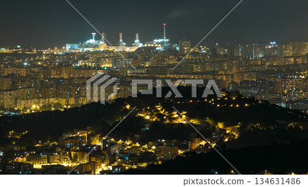 Panorama of Barcelona night timelapse from Mount Tibidabo. Catalonia, Spain. Panorama of Barcelona night timelapse from Mount Tibidabo. Catalonia, Spain. 134631486