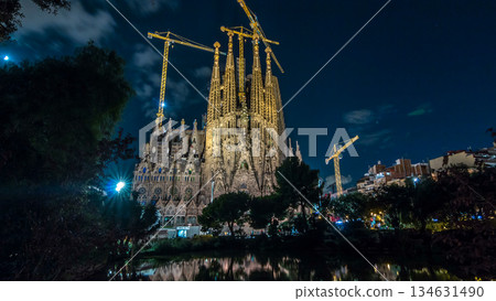 Sagrada Familia, a large church in Barcelona, Spain day to night timelapse. Sagrada Familia, a large church in Barcelona, Spain day to night timelapse. 134631490