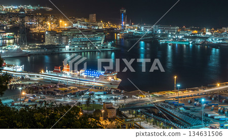 Night skyline from Montjuic with Port Vell timelapse, Barcelona, Catalonia, Spain Night skyline from Montjuic with Port Vell timelapse, Barcelona, Catalonia, Spain 134631506
