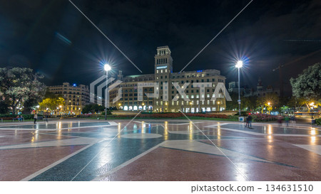 People at Placa de Catalunya or Catalonia Square night timelapse hyperlapse a large square in central Barcelona 134631510