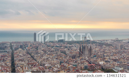 Panorama of Barcelona timelapse, Spain, viewed from the Bunkers of Carmel 134631521