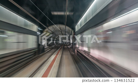 Moving in the subway tunnel with light trails inside timelapse 134631522