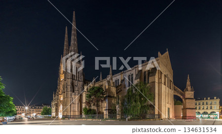 Cathedrale Saint-Andre de Bordeaux night timelapse hyperlapse with twin spires. France Cathedrale Saint-Andre de Bordeaux night timelapse hyperlapse with twin spires. France 134631534