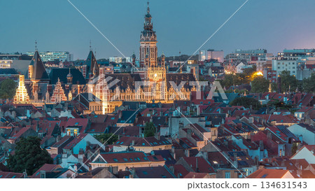Aerial view of Schaerbeek Town Hall day to night timelapse in Brussels, Belgium. Aerial view of Schaerbeek Town Hall day to night timelapse in Brussels, Belgium. 134631543