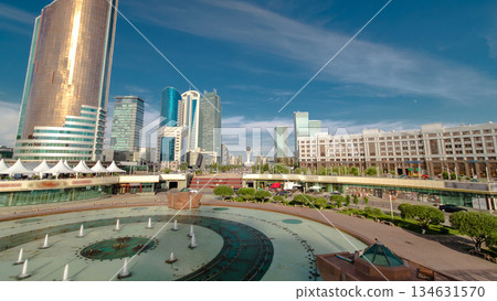 New business district timelapse hyperlapse from bridge in the capital of Kazakhstan in Astana. New business district timelapse hyperlapse from bridge in the capital of Kazakhstan in Astana. 134631570