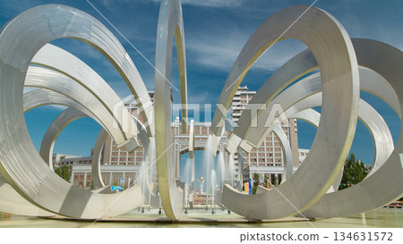 Fountain Horseshoe and Wheel in Square of love timelapse hyperlapse. Astana, Kazakhstan Fountain Horseshoe and Wheel in Square of love timelapse hyperlapse. Astana, Kazakhstan 134631572